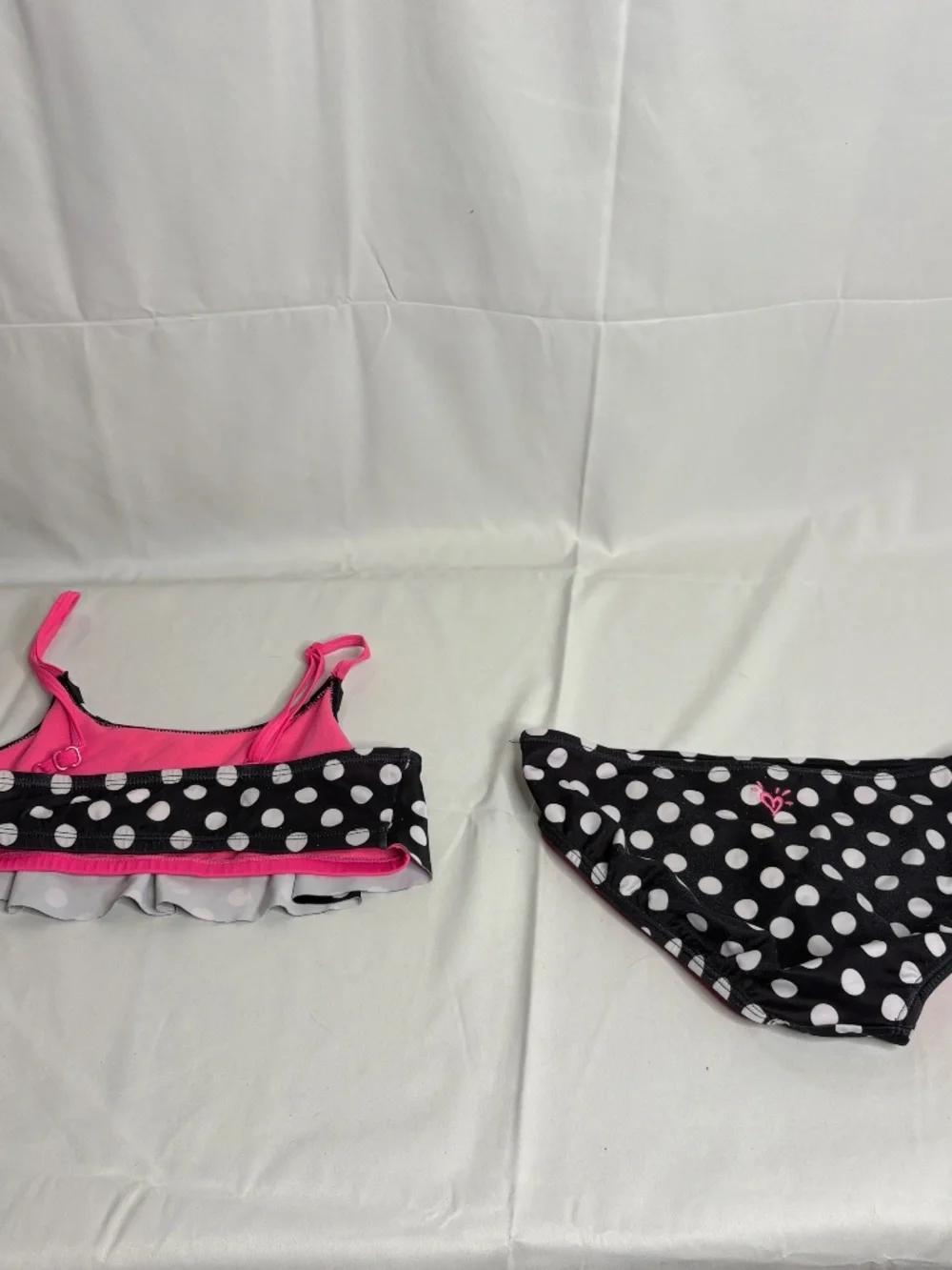 Vintage JUSTICE 2 pc Black White Polka Dot Hot Pink Bikini Swimsuit Girl's 14
